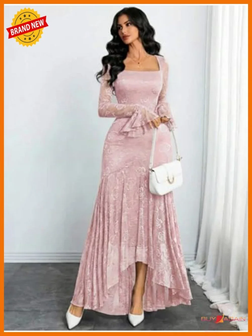 Women's Lace Bodycon Dress Bell Sleeve Square Neck High Low Formal Party